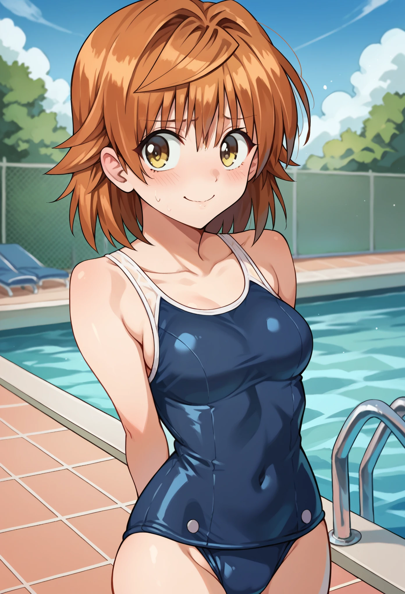 score_9, score_8_up, score_7_up, 1girl, solo, yuusaki riko, yellow eyes, brow hair, medium hair, spiked hair, swinsuit, school swimsuit, blue swinsuit, hands behind back, nervous, smile, looking at you, pool, school pool