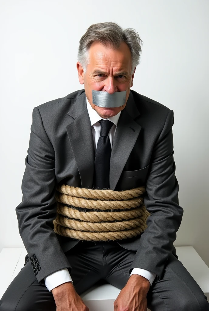 Middle-aged man in a business suit, annoyed, with his mouth covered by duct tape tied with a rope, no freedom on a plain background
