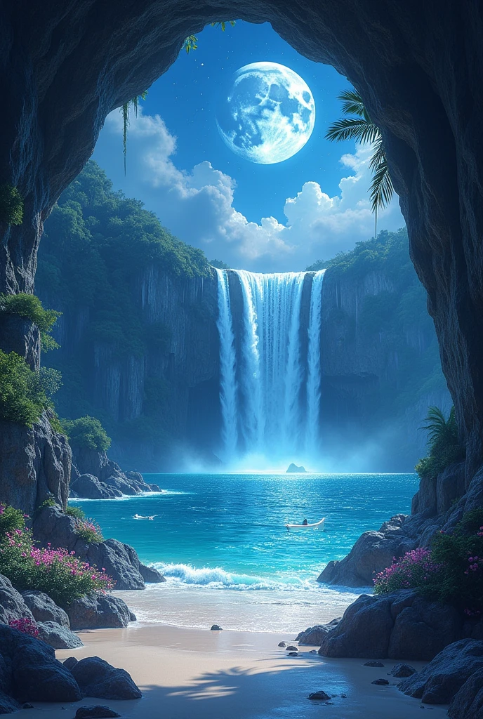 After passing through the silver arch of the mountain bottom, it is taken to the field of night flowers to the north a lake that kisses the edges of the field. Walking east is washed by a trail, its path being illuminated by shimmering moon roses to the underground thermal pools that flank the moon jewel, a giant waterfall bathed by the waters of the Lunar Mirror, the waters are bright like shooting stars falling from the sky. Hanging from the ceiling of the rocks, small crystals sparkle enriching the place of whore beauty. It is possible to hear from the bottom of the cave the song of the other waves of the sea along with the sea spray that cross the opening of the bottom of the waterfall that gives access to a beach of white sand and waters with the purest ocean blue, its edges are bright like stars.