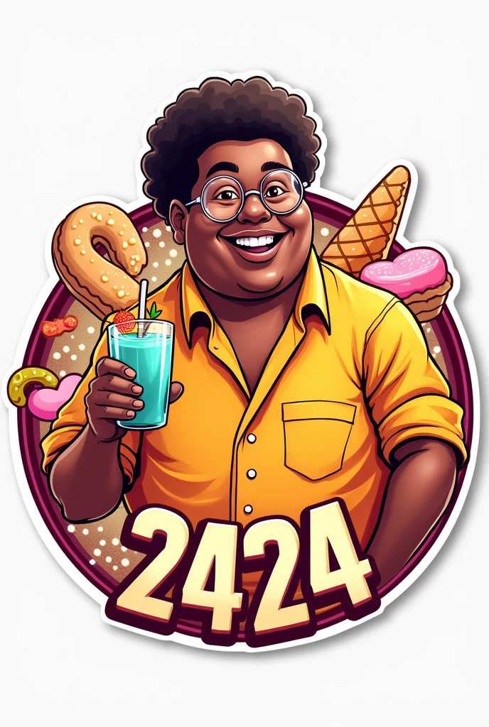 Create a picture of a chubby white man with a drink in his hand named DUDU DA PADARIA with the number 2424. The image should be round to be used as a political sticker.