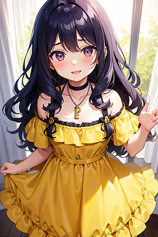 a happy seven year old with wavy hair, (cabelo roxo), wearing a yellow and black dress, necklace with a key around her neck, blush, looking ahead at viewer