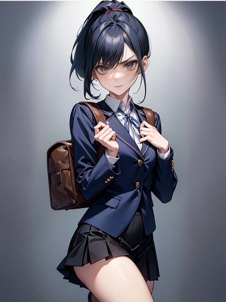 One person, ponytail, Black Hair, Slender body,Small breasts,Slanted Eyes, Contempt/angry gaze, Height: 155cm,Illustration effect for posters and magazines, High School Uniform,Navy blue blazer,White blouse,Gray knee-length flared skirt,Navy blue knee socks,Black shoes,Box backpack,High resolution, masterpiece, accurate, Anatomically correct, Winner of numerous awards, Highest quality, Damaged, detail, High-resolution model, 高いdetail, Retina, Very detailed, Textured skin, Ultra high definition, Gaze, Background blur, Lens flare, Anatomically correct, Anime Style,