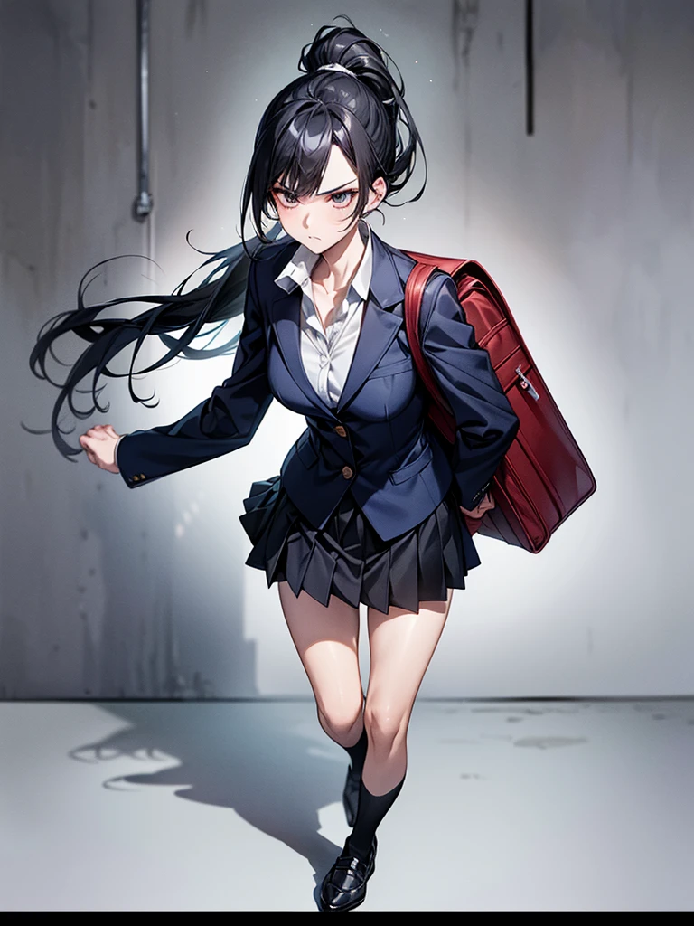 One person, ponytail, Black Hair, Slender body,Small breasts,Slanted Eyes, Contempt/angry gaze, Height: 155cm,Illustration effect for posters and magazines, High School Uniform,Navy blue blazer,White blouse,Gray knee-length flared skirt,Navy blue knee socks,Black shoes,Box backpack,High resolution, masterpiece, accurate, Anatomically correct, Winner of numerous awards, Highest quality, Damaged, detail, High-resolution model, 高いdetail, Retina, Very detailed, Textured skin, Ultra high definition, Gaze, Background blur, Lens flare, Anatomically correct, Anime Style,