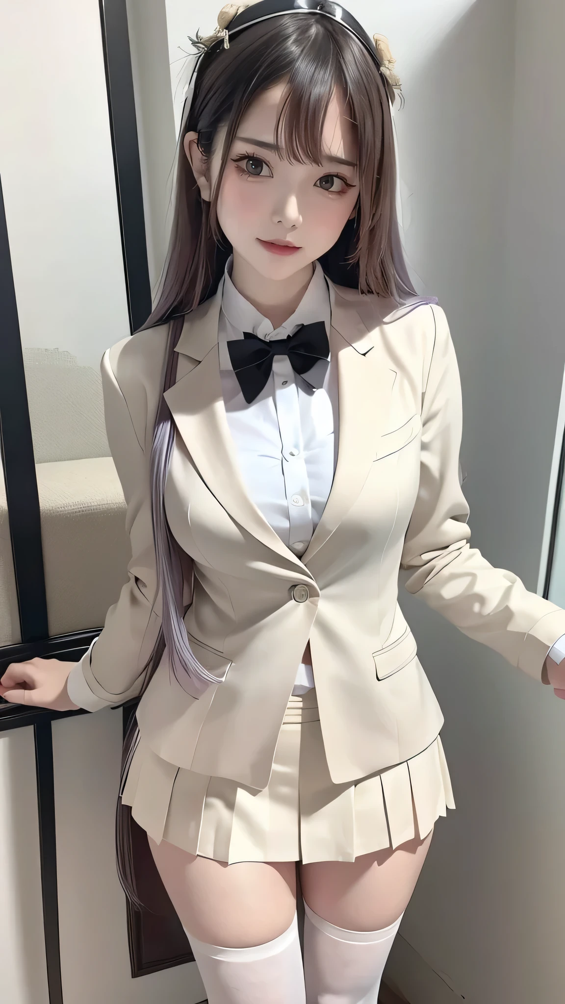 (masterpiece:1.2, highest quality), (realistic, photorealistic:1.4), beautiful illustrations, (natural side lighting, movie lighting), NSFW,
looking at the viewer, 1 girl, Japanese, high school girl, perfect face, Cute symmetrical face, shiny skin,
long hair, (straight hair. up hairstyle), (Silver-purple hair), crossed bangs), sky blue eyes, Big eyes, slanted eyes, long eyelash, (medium breasts), thin,
beautiful hair, beautiful face, detailed and beautiful eyes, beautiful clavicle, beautiful body, beautiful breasts, beautiful thighs, beautiful feet, beautiful fingers,
((Bunzuki Gakuen, (Long sleeve beige blazer), white thigh highs, white collared shirt, black suit vest, black pleated mini skirt), red bow tie),
(beautiful scenery), morning, station, (walk), (No expression),