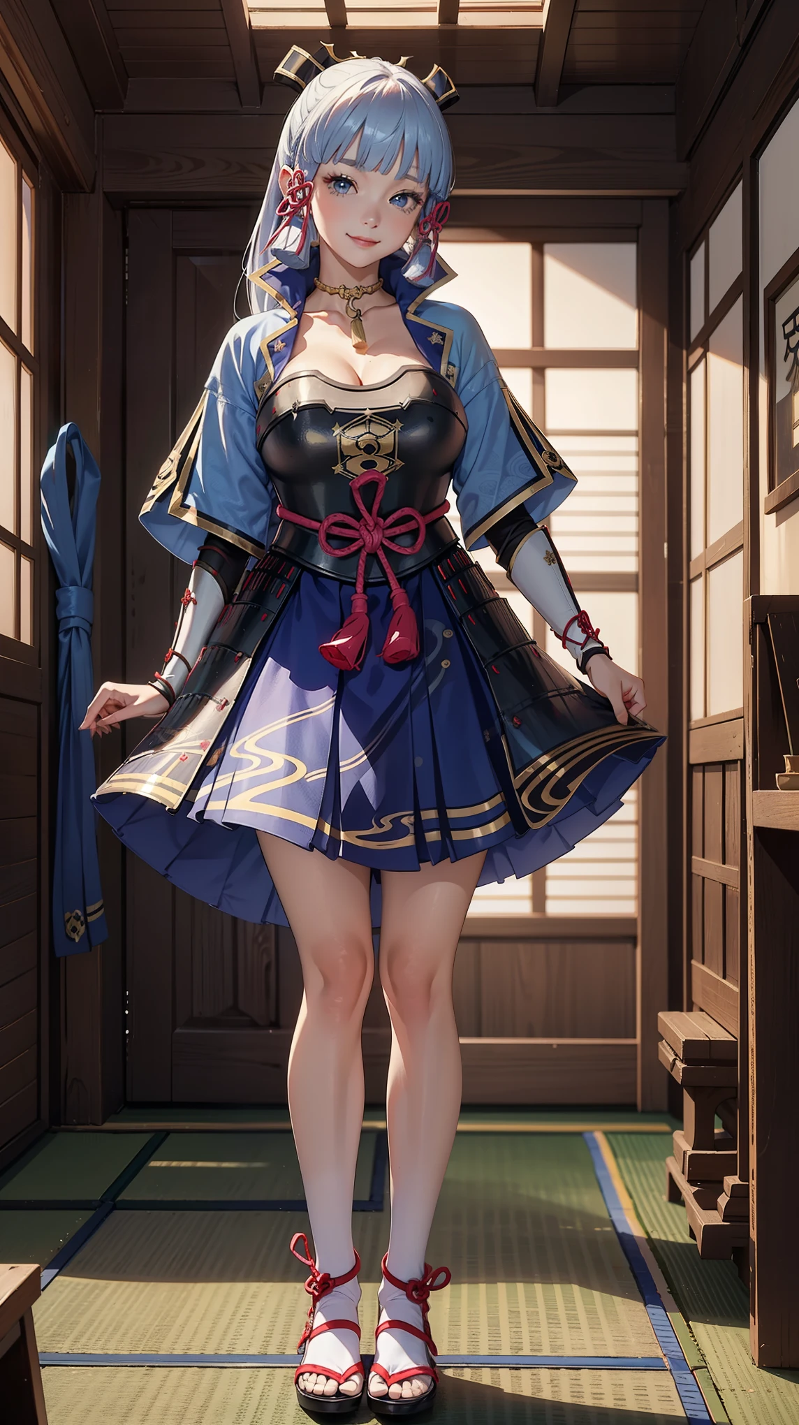 Solo,(kamisatoayakadef),masterpiece,(huge breast), indoor, looking at viewer, detail eyes, detail face, (standing), smile,(detailed face), dynamic view, full body