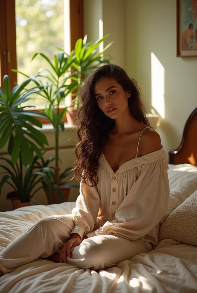 (photorealism:1.2), beautiful woman, sitting on bed, wearing loose off-shoulder top, pajama pants, long curly hair, indoors, soft lighting, plants in background, window with sunlight, cozy room, relaxed pose, realistic, intricate details, warm colors, by Greg Rutkowski, by Alphonse Mucha