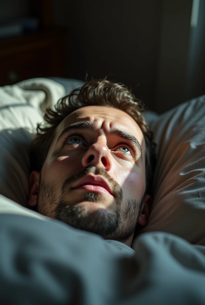 I need a nadir angle shot of a man's face in detail, showing disappointment. He's lying in bed looking at the ceiling., perfect square image