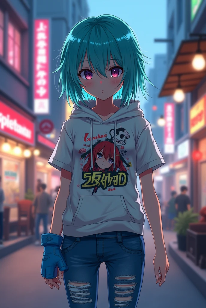An anime ager with messy hair, tired eyes, turquoise hair, a shirt with a short-sleeved hoodie, a blue glove, and ripped pants.