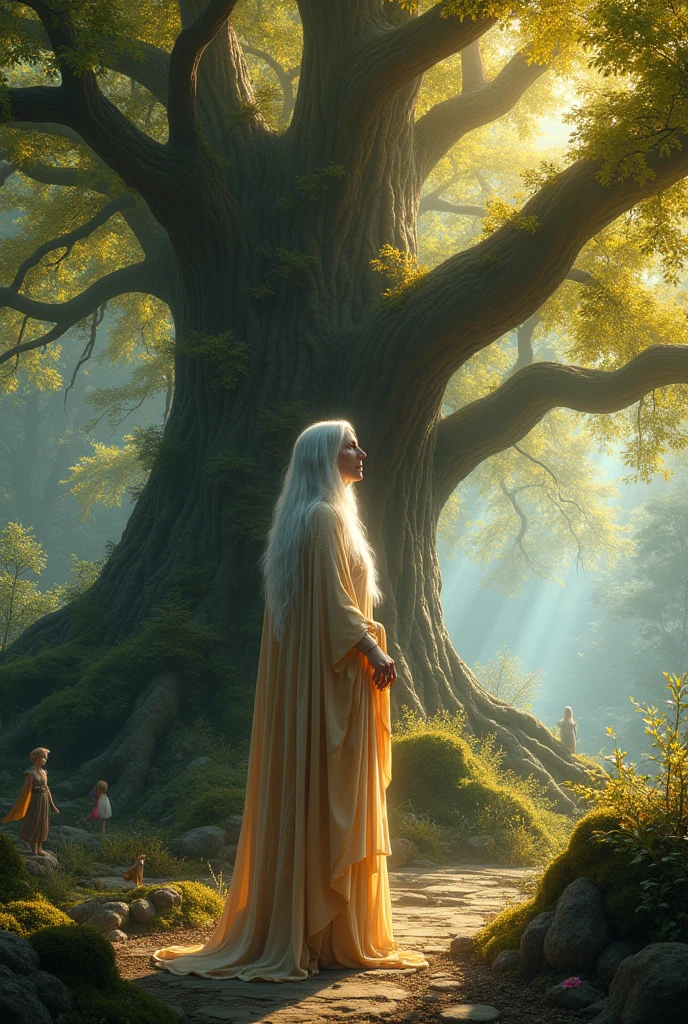 (photorealism:1.2), "Design a 3D, vibrant scene of Elder Elara standing in front of a massive, ancient tree with golden leaves. The tree is surrounded by magical creatures and a soft, ethereal light."