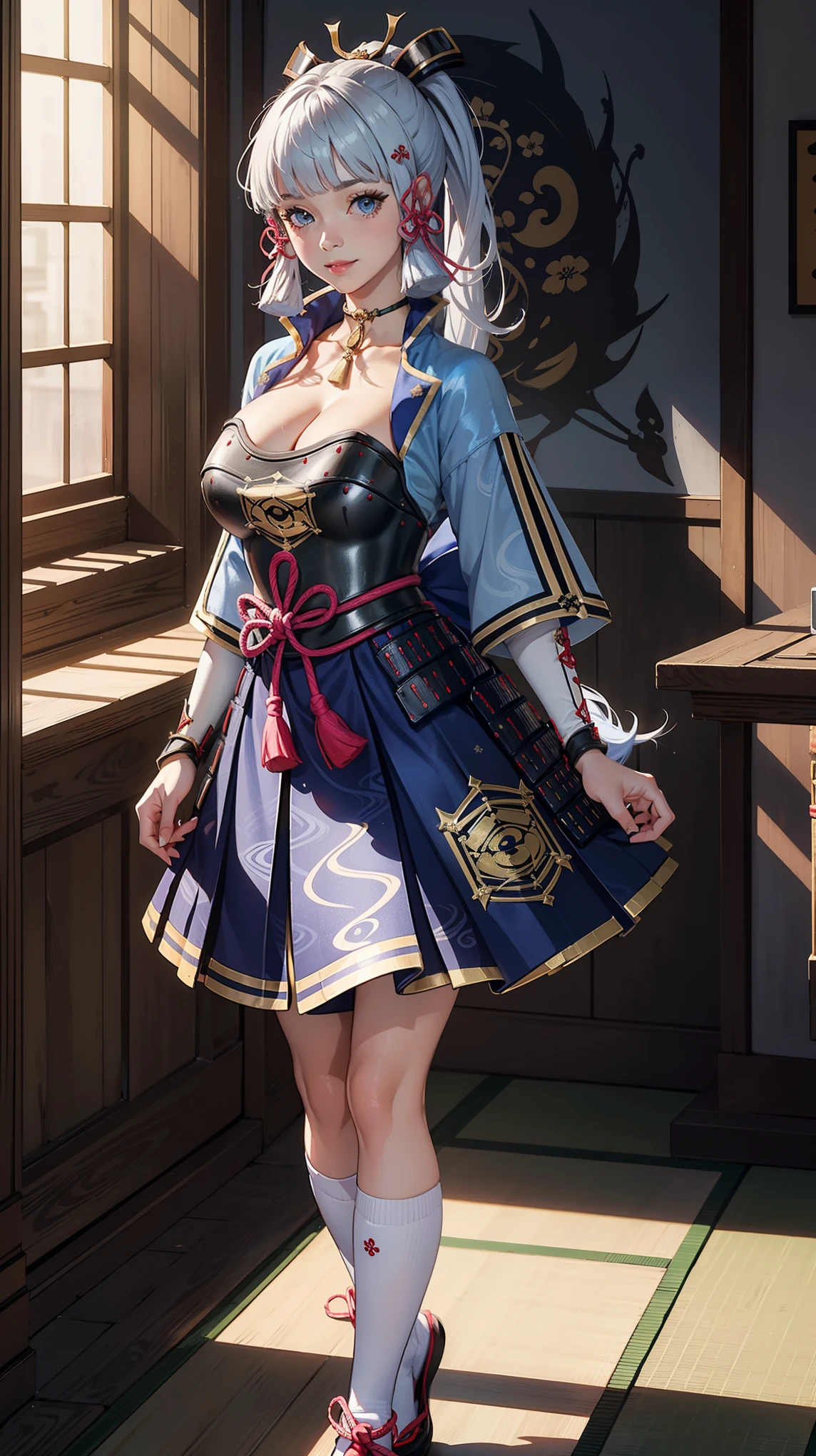 Solo,(kamisatoayakadef),masterpiece,(huge breast), cleavage, indoor, looking at viewer, detail eyes, detail face, (standing), smile,(detailed face), dynamic view, full body