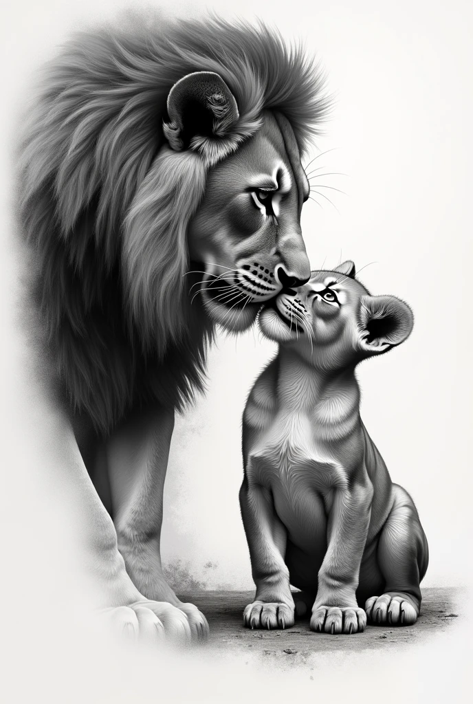 I want a lioness and her cub together for a black tattoo where only their faces are visible 