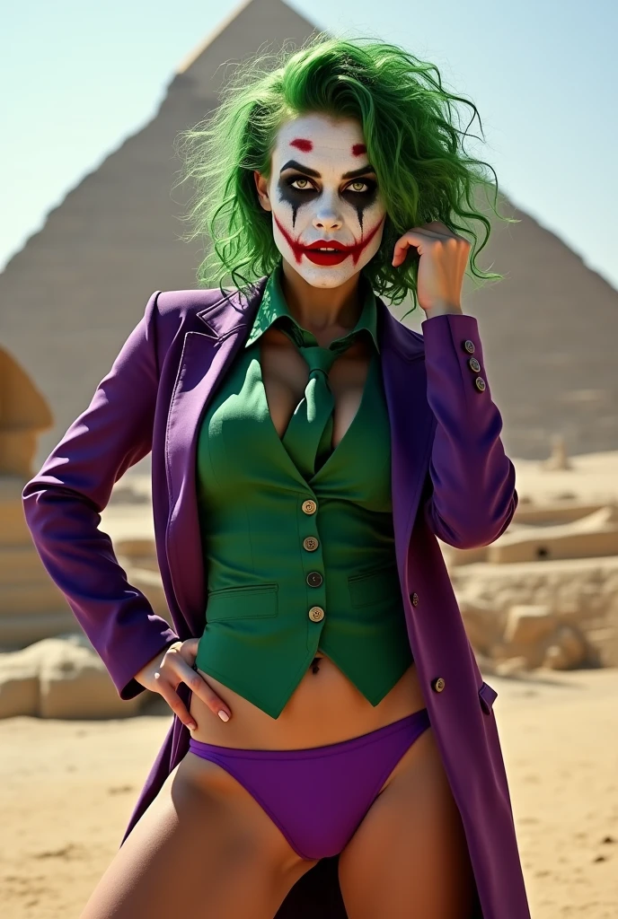 {
  "prompt": "A faithful female version of the iconic Joker from DC Comics, reimagined with a seductive yet psychotic allure, striking a dramatic pose at the Pyramids of Giza in Egypt. She has pale white skin and wild, vibrant green hair styled in messy, chaotic curls. Her makeup is heavy and smeared, inspired by Heath Ledger’s Joker, with dark, hollow eyes surrounded by smudged black makeup and a blood-red, twisted smile that extends unevenly beyond the corners of her mouth, creating a chilling yet irresistible grin. She wears a tailored purple suit jacket with a green vest and matching tie, left open to reveal her toned, alluring physique, paired with a revealing purple bikini bottom. She stands confidently in front of the ancient pyramids, with the Sphinx visible nearby, her pose both commanding and provocative. Her hand rests on her hip while the other playfully adjusts her hair, her gaze piercing and filled with a mix of madness and seduction. The contrast between her chaotic appearance and the timeless grandeur of the pyramids creates a striking and unforgettable scene.",
  "size": "1024x1792"
}
