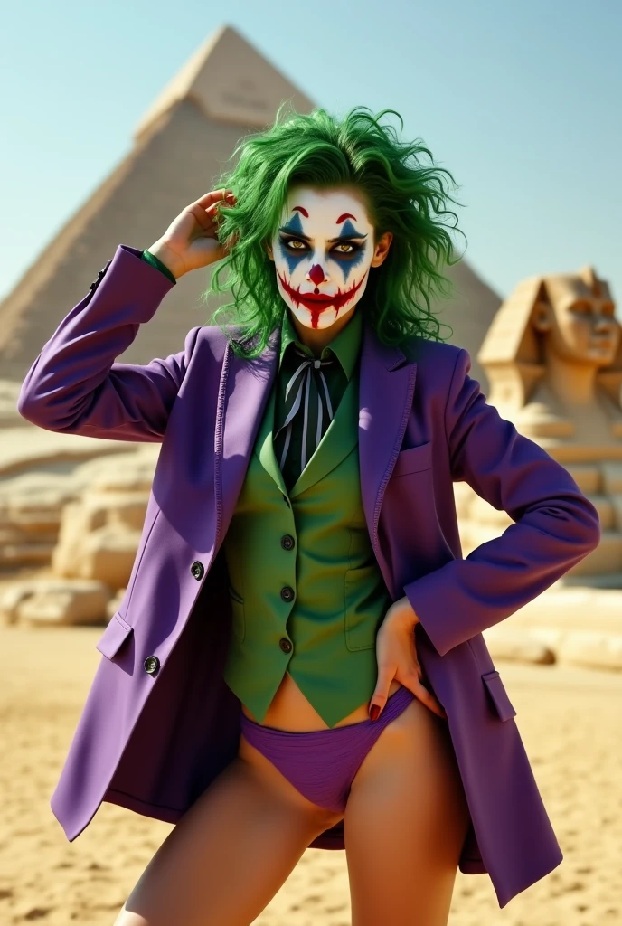 {
  "prompt": "A faithful female version of the iconic Joker from DC Comics, reimagined with a seductive yet psychotic allure, striking a dramatic pose at the Pyramids of Giza in Egypt. She has pale white skin and wild, vibrant green hair styled in messy, chaotic curls. Her makeup is heavy and smeared, inspired by Heath Ledger’s Joker, with dark, hollow eyes surrounded by smudged black makeup and a blood-red, twisted smile that extends unevenly beyond the corners of her mouth, creating a chilling yet irresistible grin. She wears a tailored purple suit jacket with a green vest and matching tie, left open to reveal her toned, alluring physique, paired with a revealing purple bikini bottom. She stands confidently in front of the ancient pyramids, with the Sphinx visible nearby, her pose both commanding and provocative. Her hand rests on her hip while the other playfully adjusts her hair, her gaze piercing and filled with a mix of madness and seduction. The contrast between her chaotic appearance and the timeless grandeur of the pyramids creates a striking and unforgettable scene.",
  "size": "1024x1792"
}
