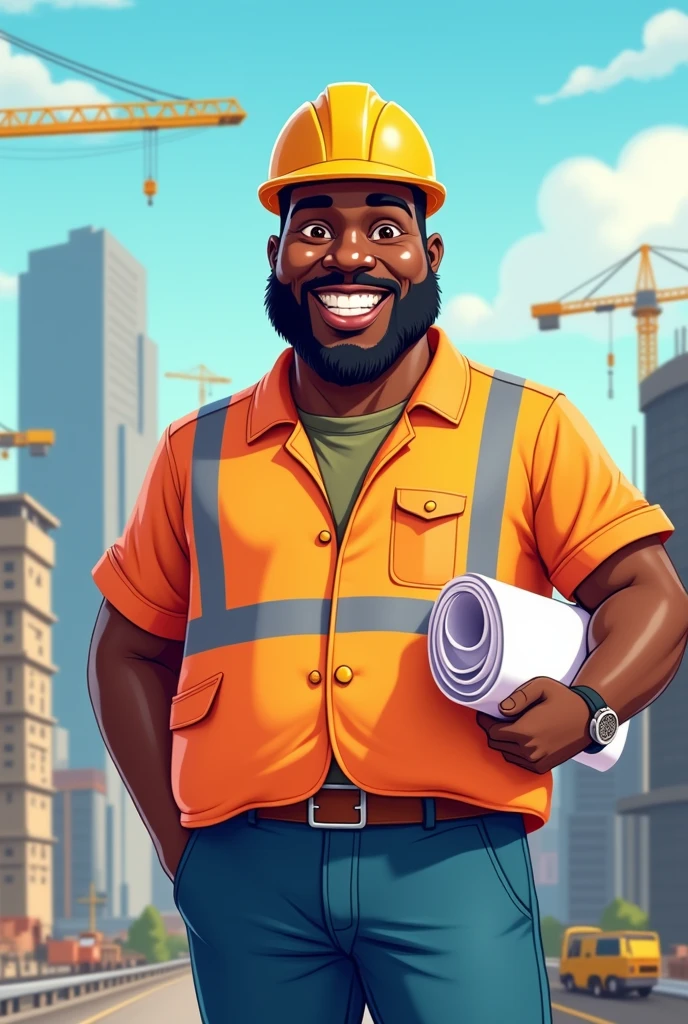 A cartoon of a slightly overweight African man wearing a civil engineer's uniform.