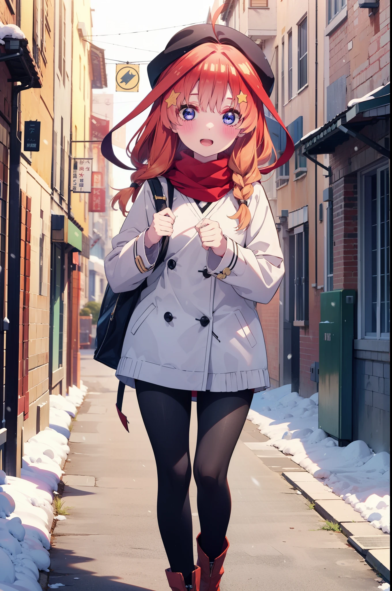 itsukinakano, Itsuki Nakano, bangs, blue eyes, Hair between the eyes, Ahoge, Redhead, star \(symbol\), hair ornaments, star hair ornaments,smile,Open your mouth,White Breath,blush,Long, thick braids,Knitted hat,White scarf,Red long coat,V-neck sweater,Black long skirt,Red pantyhose,short boots,snowが降っている,snowが積もっている,snow,snow,snow,snow,Walking,whole bodyがイラストに入るように,night,
break outdoors,Residential Street,
break looking at viewer, whole body,
break (masterpiece:1.2), Highest quality, High resolution, unity 8k wallpaper, (figure:0.8), (Beautiful attention to detail:1.6), Highly detailed face, Perfect lighting, Highly detailed CG, (Perfect hands, Perfect Anatomy),
