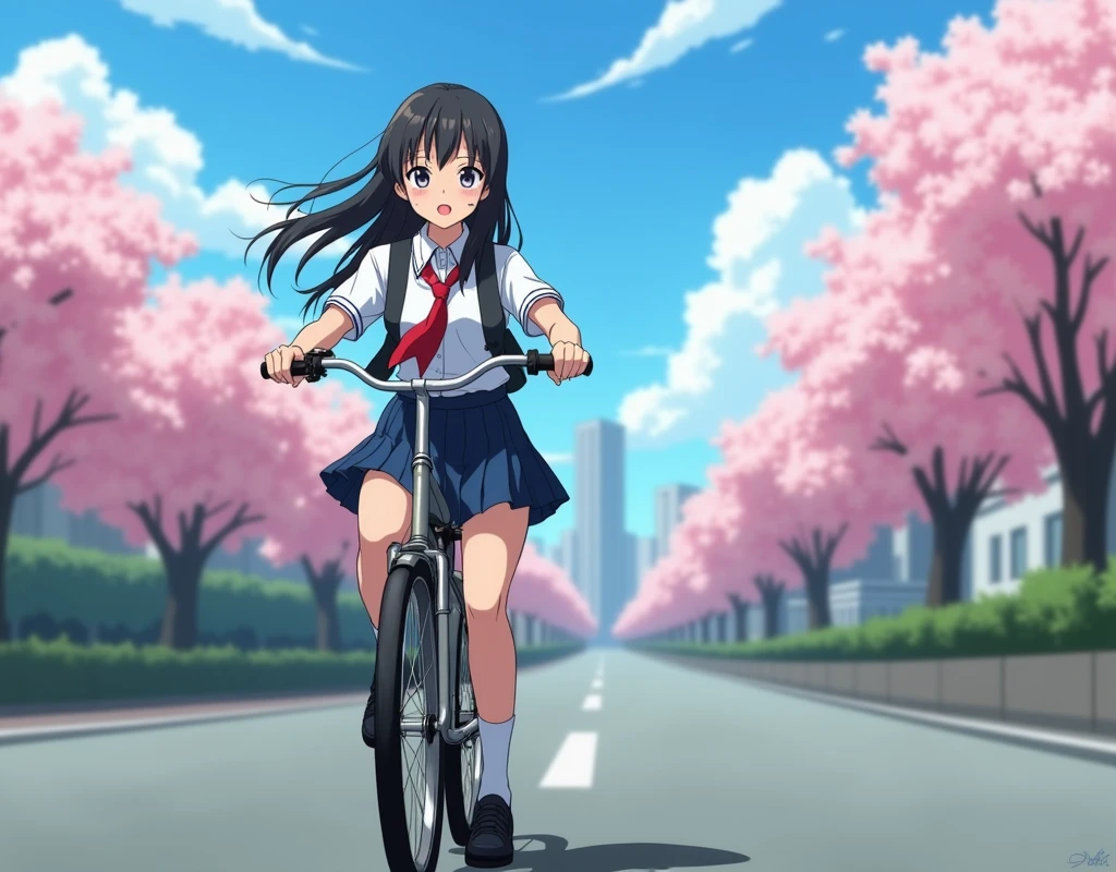 Side view, A girl riding a bicycle on her way to school, wearing a school uniform, sitting confidently on the bicycle seat, hands properly gripping the handlebars, feet properly placed on the pedals, with a beautiful, detailed face, confident smile, Japanese, (RAW photo), (realistic), masterpiece, best quality, 8K, ultra-detailed, perfect anatomy