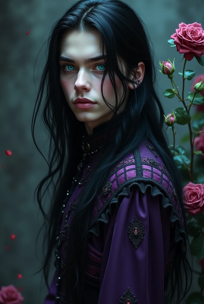 Male, sexy, long black hair, teal blue eyes, young, gothic clothes. delicate features, no facial hair, no body hair, seductive, white and pale. Roses. Purple and black. Long eyelashes. No facial hair. Man. Male. Smirking. No body or facial hair. Young male. Male. Malicious. Blood. Scary atmosphere. Dark. Leon kennedy 