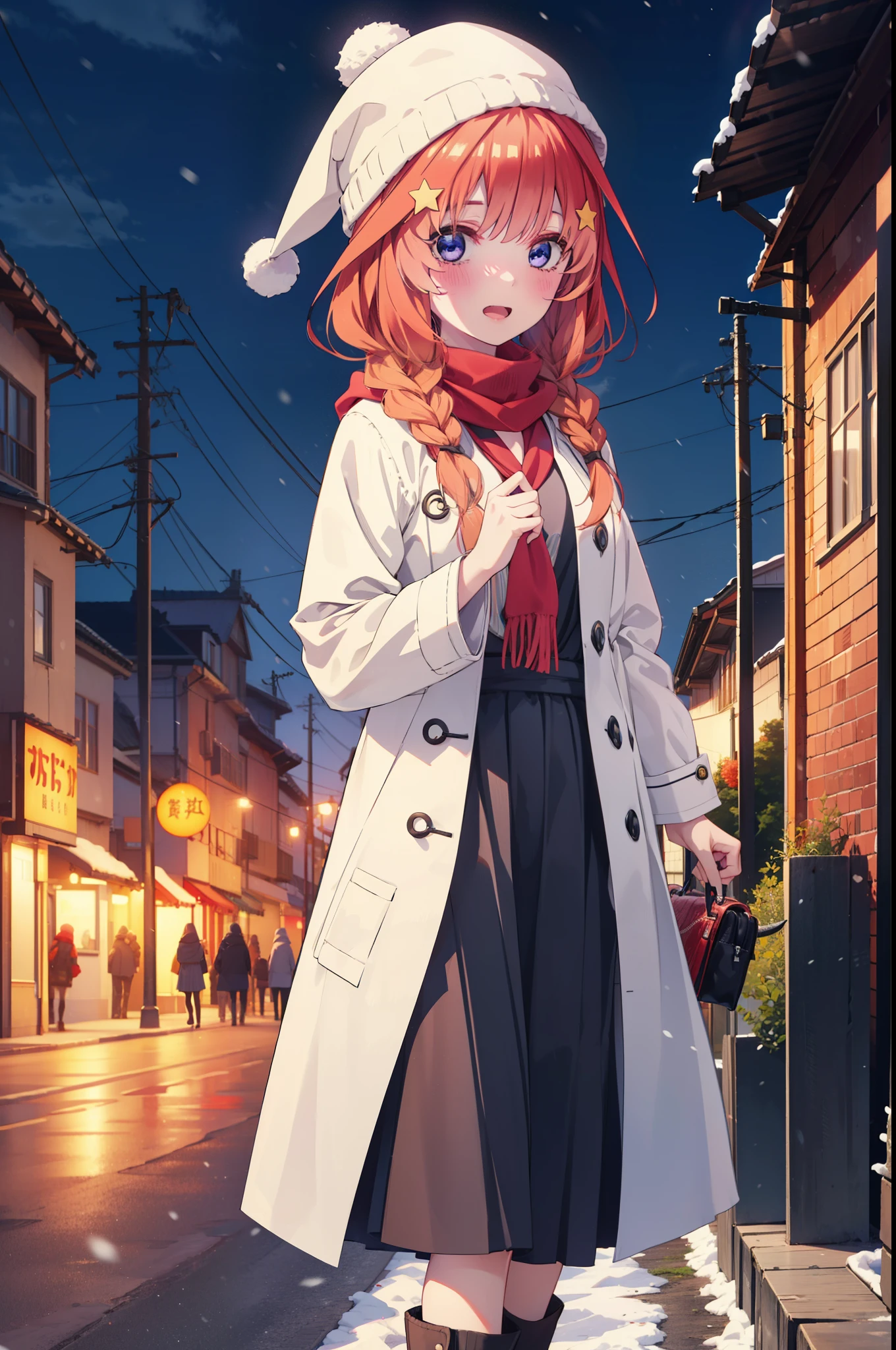 itsukinakano, Itsuki Nakano, bangs, blue eyes, Hair between the eyes, Ahoge, Redhead, star \(symbol\), hair ornaments, star hair ornaments,smile,Open your mouth,White Breath,blush,Long, thick braids,Knitted hat,White scarf,Red long coat,V-neck sweater,Black long skirt,Red pantyhose,short boots,snowが降っている,snowが積もっている,snow,snow,snow,snow,Walking,whole bodyがイラストに入るように,night,
break outdoors,Residential Street,
break looking at viewer, whole body,
break (masterpiece:1.2), Highest quality, High resolution, unity 8k wallpaper, (figure:0.8), (Beautiful attention to detail:1.6), Highly detailed face, Perfect lighting, Highly detailed CG, (Perfect hands, Perfect Anatomy),