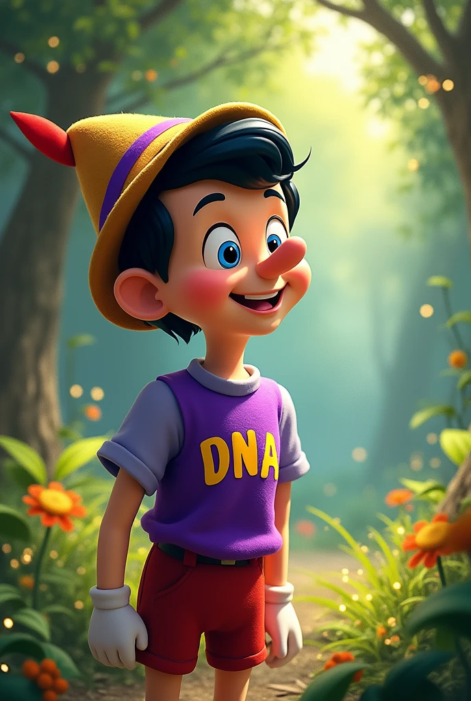 Pinocchio wearing a purple shirt with the initials “DNA”