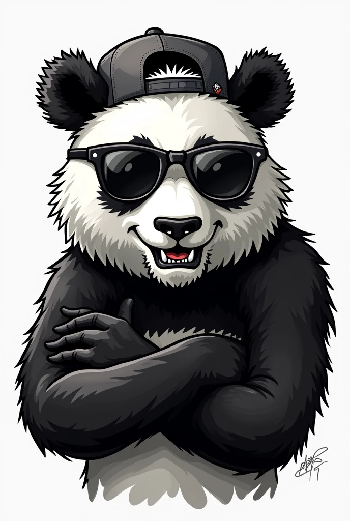 Please generate for me a head of a panda bear looking straight ahead with black sunglasses and a backwards cap, with one arm around the waist and the other arm raised as if showing something (so I can put something on top later), grinning with his fangs. only with colors: negro, White and grey.
Graffiti caricature style 2D