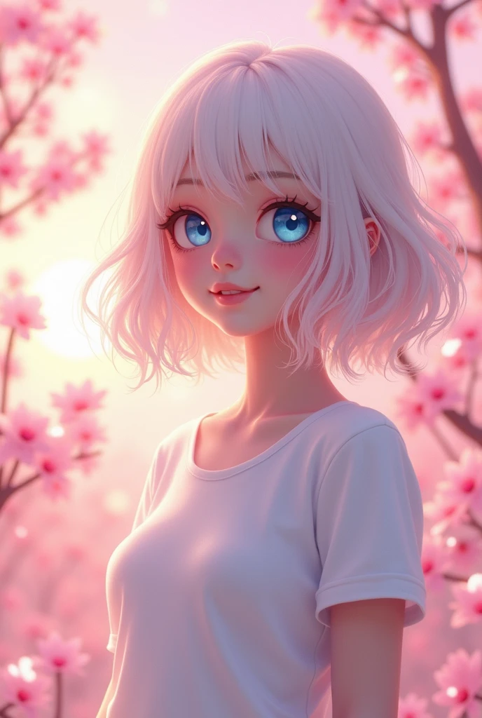 (Ultra bright color, Masterpiece, Best quality, blossom, Warm, soft light, modern, Hi-tech), 1 girl, One, standing tall, full length, (sakura background:1.4), white T-shirt without print, beautiful detailed face, slight smile, white Medium hair, (detailed (blue) Ruby eyes), young, small breasts