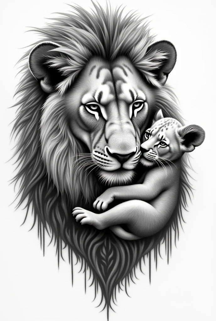 I want a mother lion and her cub together for a black tattoo where only their faces are visible.