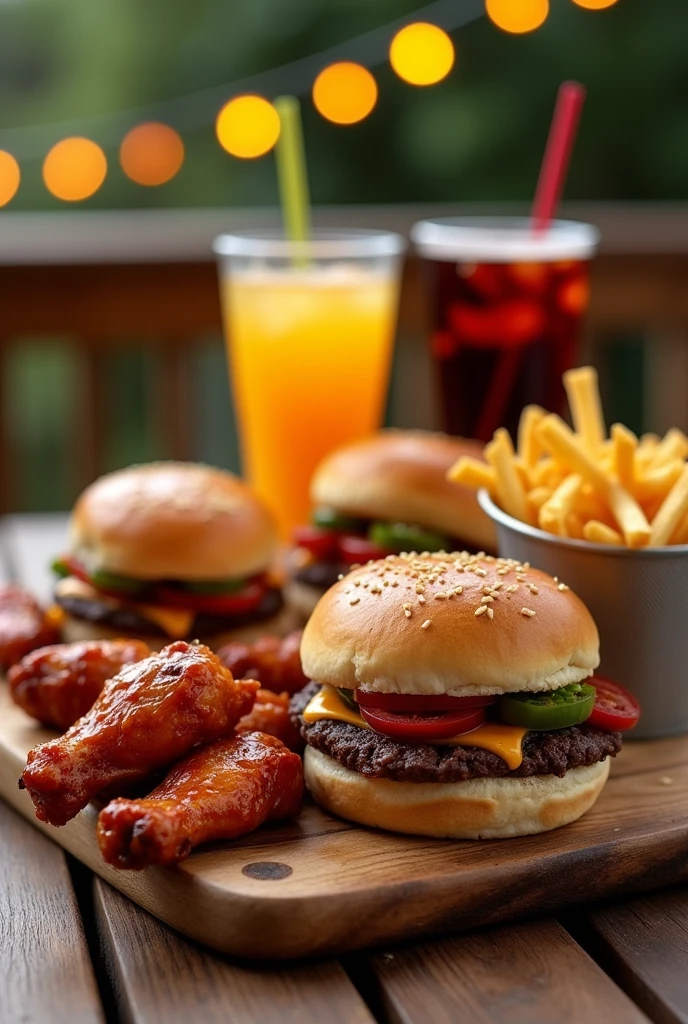 Burgers and plain burgers, four chicken wings, fries and two drinks
