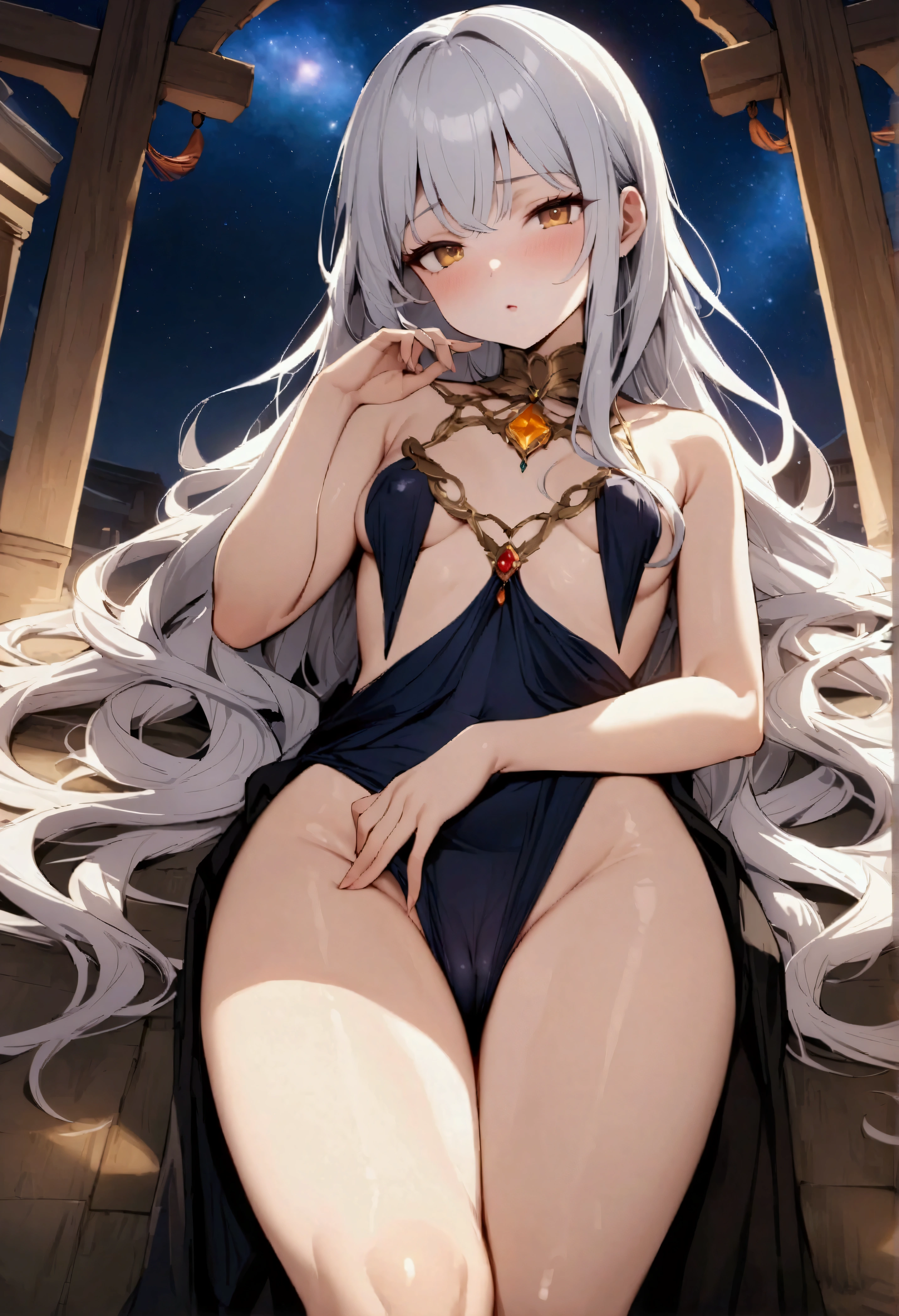 NSFW,masterpiece,Highest quality,High resolution,Very detailed,Girl,Silver Hair,long hair,Golden Eyes,Small breasts,Short height,goddess,A dazzling silk long dress,gem,Decoration,Temple of the Night,altar,Your sleeping quarters,Starry Sky,Ancient,Seduce,Sexy pose,Lying down