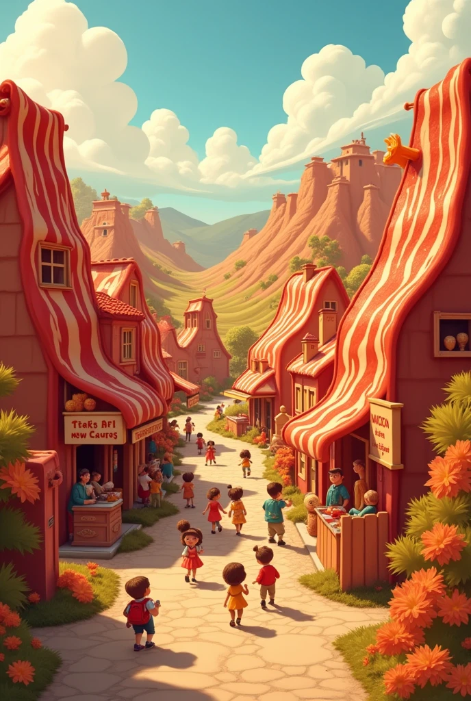 The land of bacon,baconlând everything made of bacon,toys, storefronts,everything made of bacon