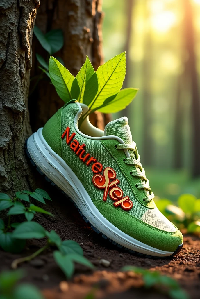 An eco-friendly sneaker with NatureStep written, wrapped around a tree with three leaves.