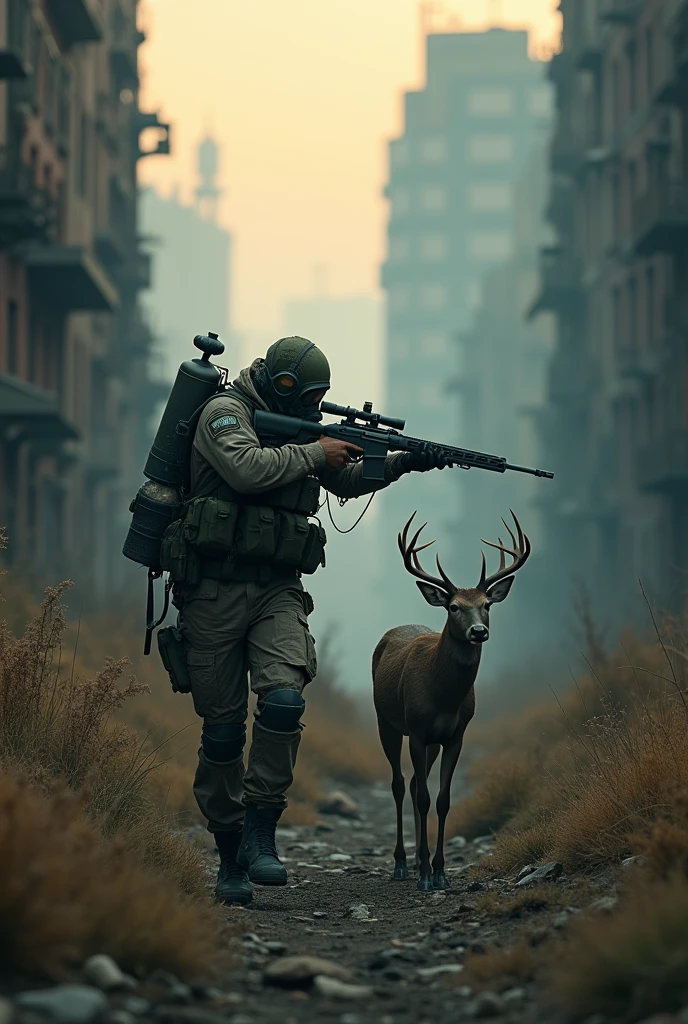 Post-apocalyptic world survivor hunting a deer with a sniper rifle, wearing a mask and oxygen tank