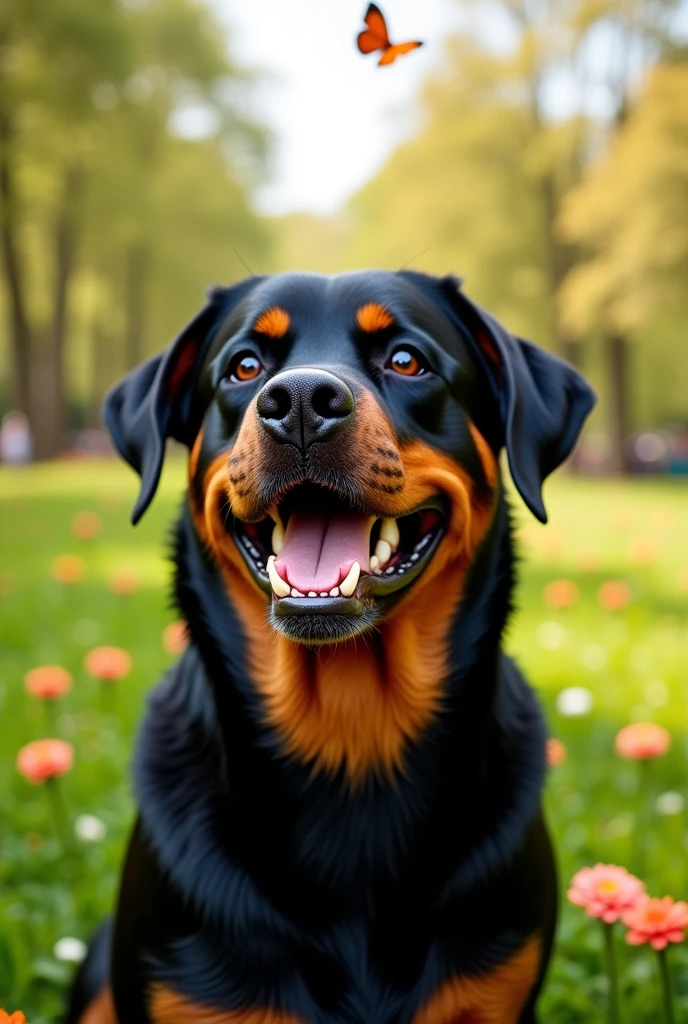Big rottweiler dog laughing 