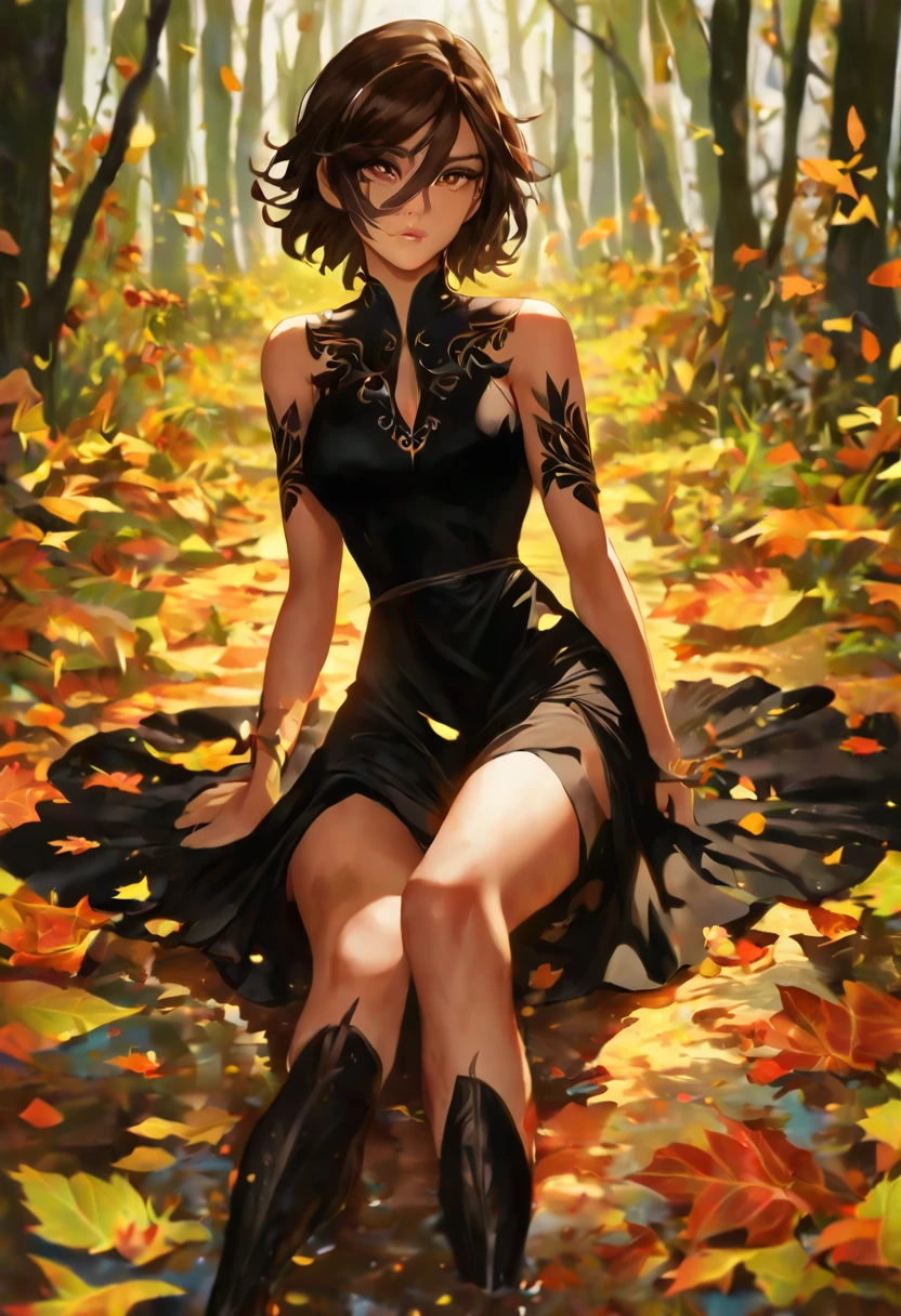 A Goddess of nature that has short and brown hair, has brown eyes, has a gentle face, fierce, Tanned, beautiful, wears a below the knee length black dress with leaves and flowers as design, she have a lot of scars and bruises on her legs and arms, her left eye is BLIND because it's stabbed with a piece of wood.