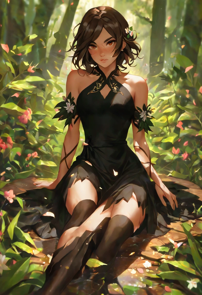 A Goddess of nature that has short and brown hair, has brown eyes, has a gentle face, fierce, Tanned, beautiful, wears a below the knee length black dress with leaves and flowers as design, she have a lot of scars and bruises on her legs and arms, her left eye is BLIND because it's stabbed with a piece of wood.