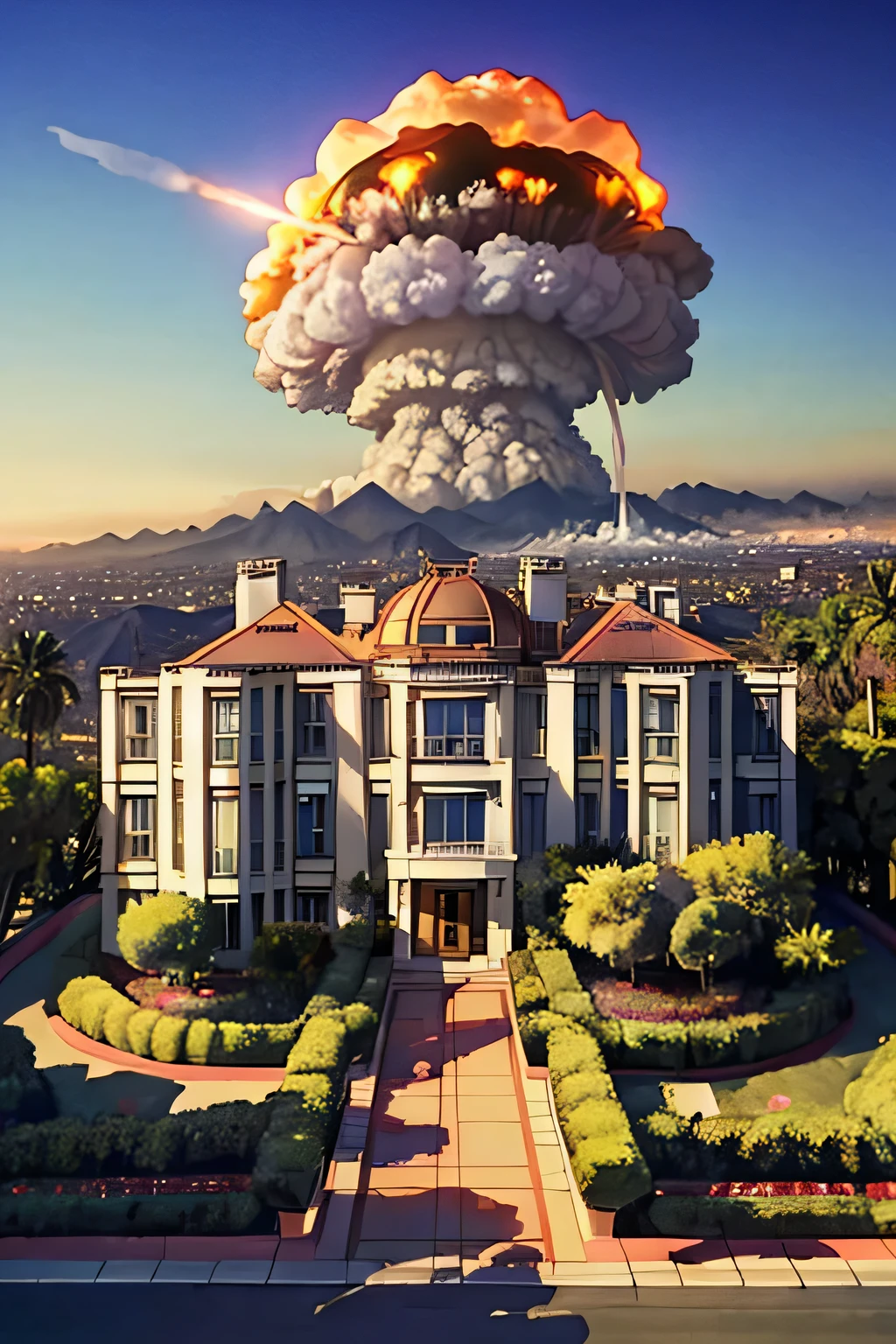 outdoors, art deco mansion in the Hollywood hills overlooking LA, LA in the distance, nuclear detonations in the background, mushroom clouds made out of melted cheese, city on fire, WW3, burritos falling from the sky.