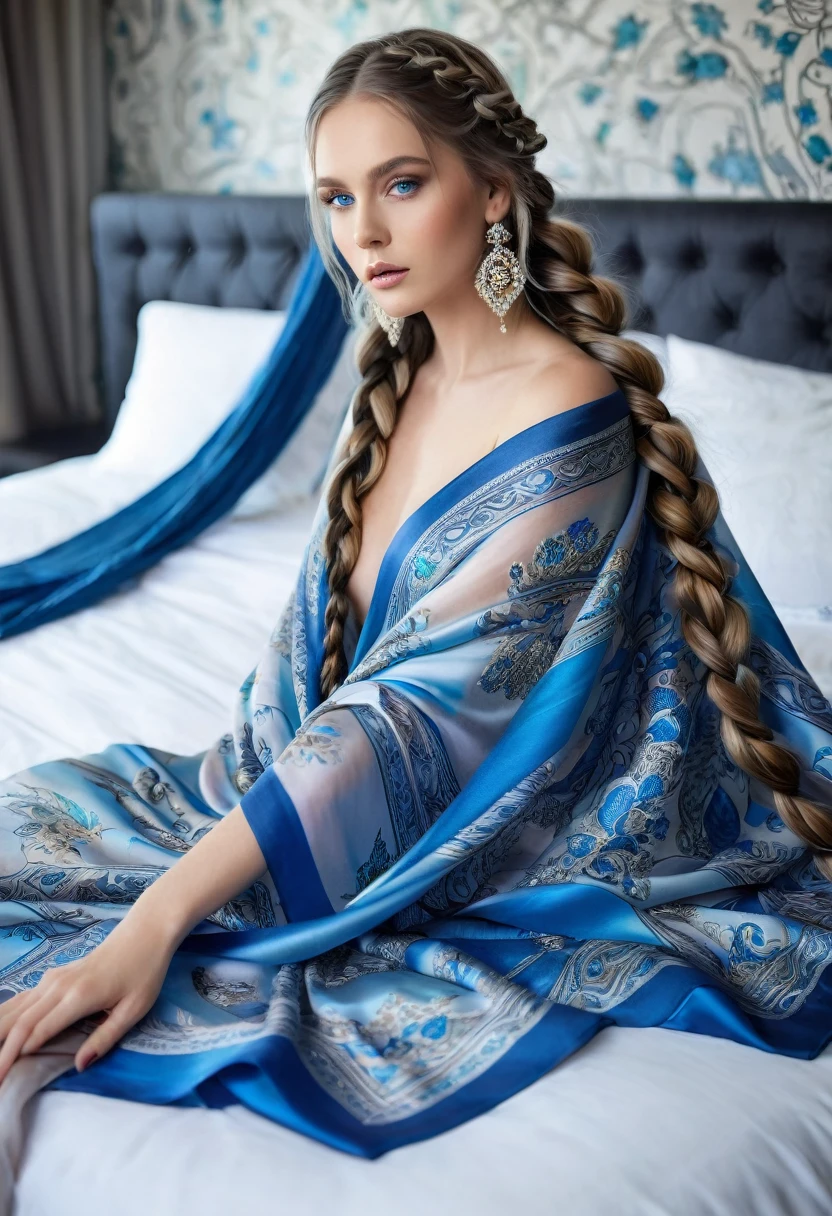 sexy nude full body, crystal blue eyes and same colour silk printed shawl and same design silk printed bed, full nude, professional sexy makeup on face and extremely beautiful, masterpiece,( long wavy hair with two braids)((seducing face))