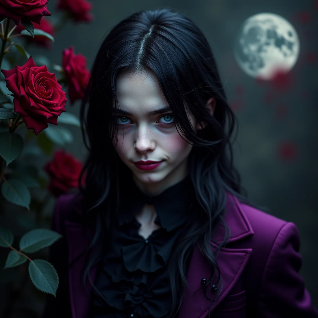 Male, sexy, long black hair, teal blue eyes, young, gothic clothes. delicate features, no facial hair, no body hair, seductive, white and pale. Roses. Purple and black. Long eyelashes. No facial hair. Man. Male. Smirking. No body or facial hair. Young male. Male. Malicious. Blood. Scary atmosphere. Dark.