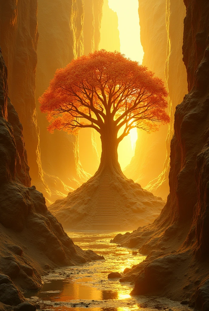 city of gold, where there is no sun, tree of life and a river in the middle of the city, city walled with jasper