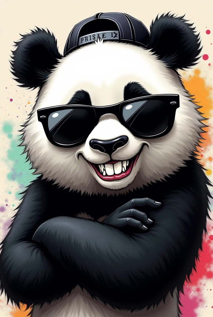 Please generate for me a head of a panda bear looking straight ahead with black sunglasses and a backwards cap, with one arm around the waist and the other arm raised as if showing something (so I can put something on top later), grinning with his fangs. only with colors: negro, White and grey.
Graffiti caricature style 2D