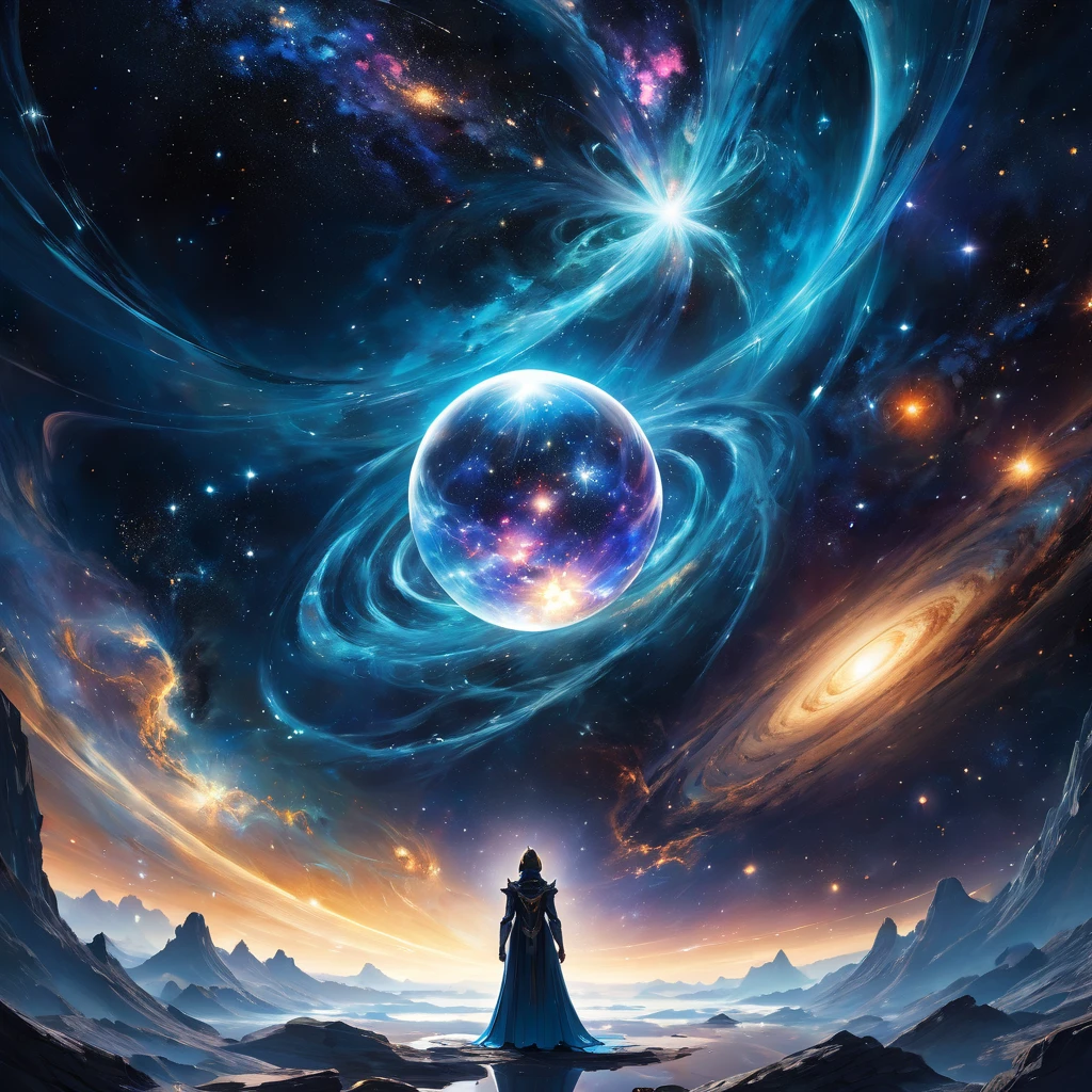 A cosmic, ethereal being stands in the vastness of space, embodying both the mystery and majesty of the universe. This guardian of the cosmos holds a glass orb in one hand, reflecting the world and the infinite universe within it. Its face is an endless void filled with stars, galaxies, and the cosmic night, representing the boundless expanse of space. The background is a deep, star-studded sky, evoking a sense of awe and reverence. The figure emanates a protective yet powerful presence, akin to a celestial overseer, its form blending seamlessly with the surrounding universe