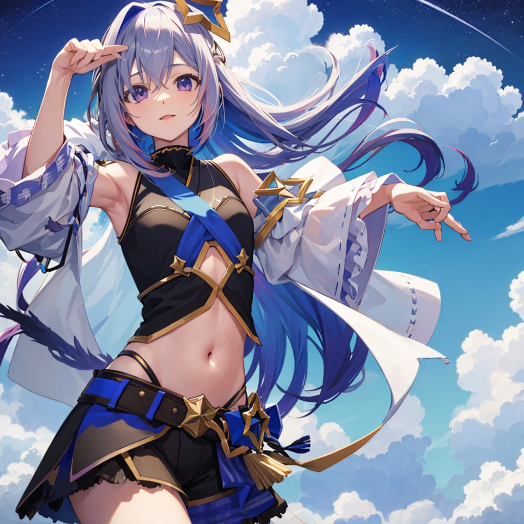 Amane Kanata,Ho****ve,Cool pose,Night Sky,No sleeve,Belly button,sea of clouds