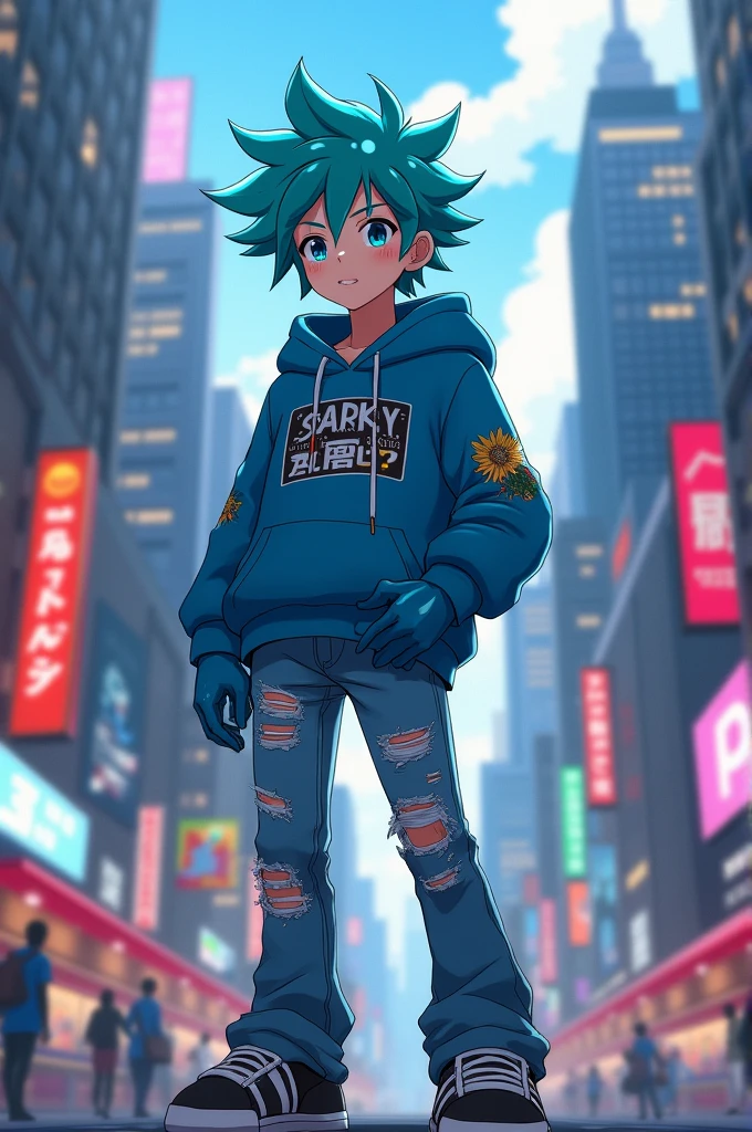 An anime teenager with frizzy hair with sharp ends in turquoise, a blue sweatshirt, blue gloves, ripped blue jeans, and black and white shoes.