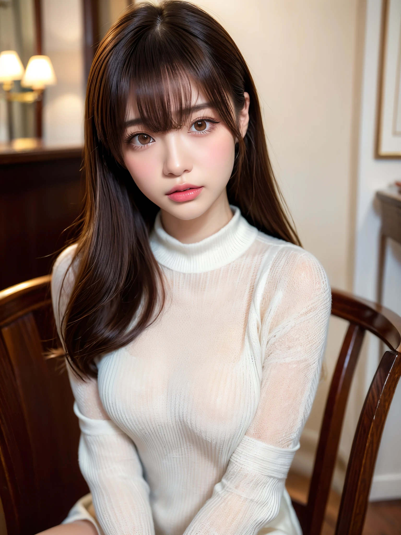 (masterpiece:1.5)、(Realistic:1.5)、(Highest quality:1.4、8k、RAW Photos)、 Ultra-high resolution、Professional Lighting、Perfect dynamic composition、Photo shoot at an antique and stylish cafe、 Film Grain、chromatic aberration、(Bokeh:1.1)、 Frank、Sophisticated、charm、超Realistic、Attention to detail、Golden Ratio、Anatomically correct、 (1 person)、Slender、繊細でcharm、Cute Woman:1.4、 Serious expression、Looking at the audience、Sitting in a chair、Light brown hair、Shiny Hair、Hairstyle: Ponytail、 Realistic Skin、 Shut your mouth.、Beautiful Eyes、double eyelid、Thin arms、(white short sweater dress:1.4)