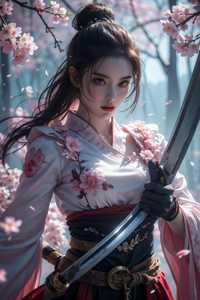 Upper Body,Blade to the side,Striking posture,Blade down,Right hand blade,Cherry blossoms,, (masterpiece, best quality, high quality, High resolution, Super detailed),
