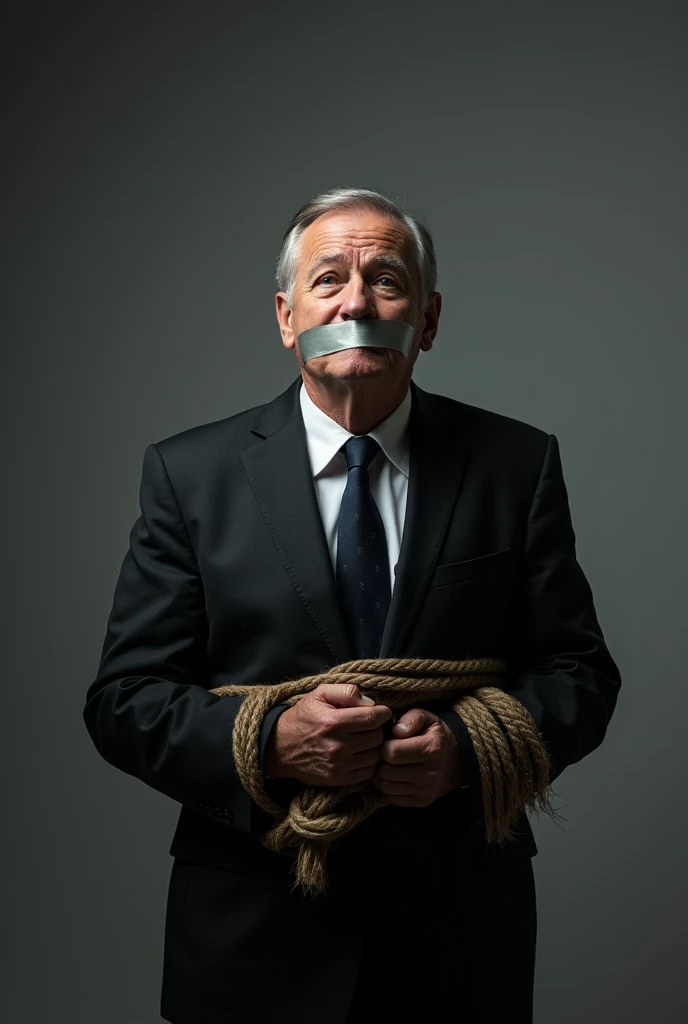 Middle aged man in business suit upset with mouth covered with tape tied hands with rope no freedom on flat background