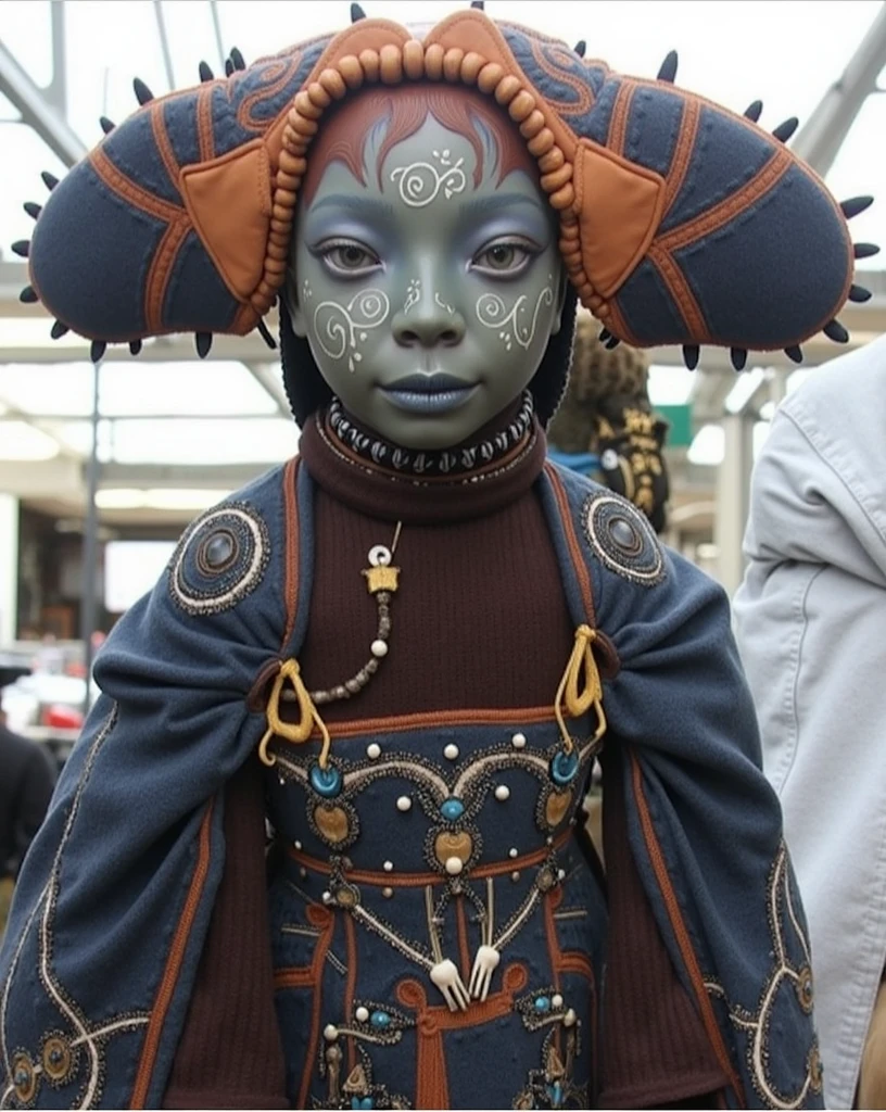 Dousan, gelfling, dark blue and orange beaded robes decorated with jewels and bones, short curly hair with long decorated braids, desert, dark blue skin with light swirling face paint, insect wings coming from back of shoulders, full body
