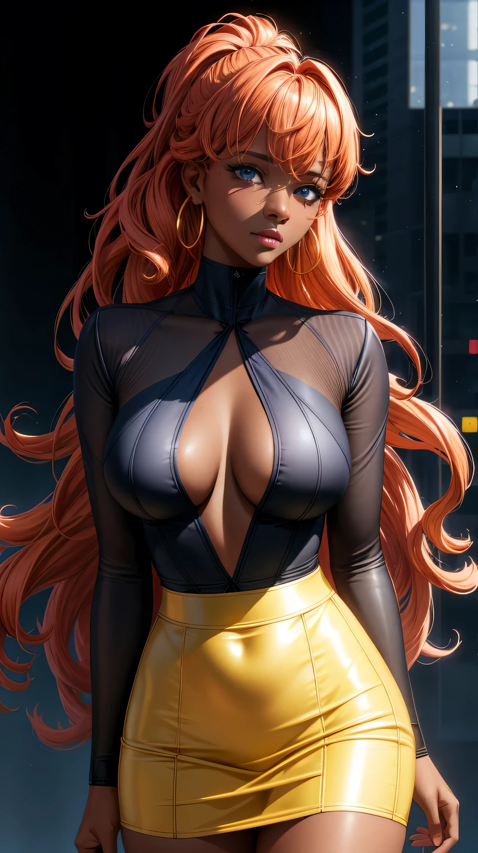 (best quality:1.5, highres, UHD, 4K, detailed lighting, shaders), orange curly floral haired, gradient hair, large breasts, transparent suit, transparent T-shirt, transparent social shirt, short skirt, mature woman , (pov), white background, colorful eyeshadow, dramatic lighting, sparkling eyes, sensual expression, golden earrings, flowing hair, delicate facial features, dark skin, high cheekbones, urban setting, black background, dont look for the camera, lean forward, behind the camera