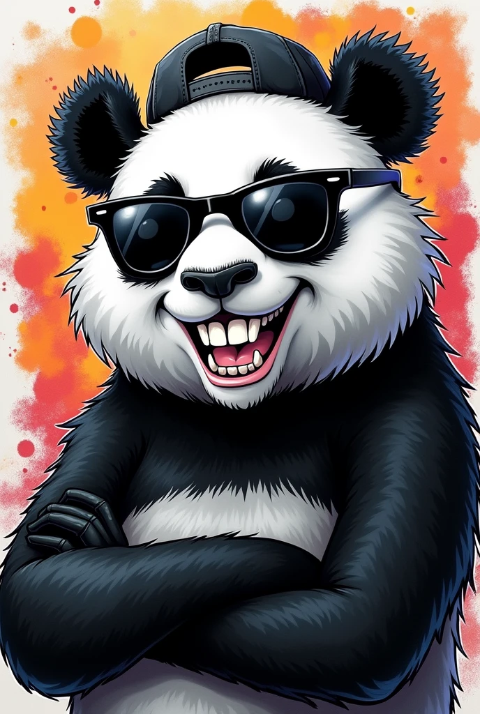 Please generate for me a head of a panda bear looking straight ahead with black sunglasses and a backwards cap, with one arm around the waist and the other arm raised as if showing something (so I can put something on top later), grinning with his fangs. only with colors: negro, White and grey.
Graffiti caricature style 2D