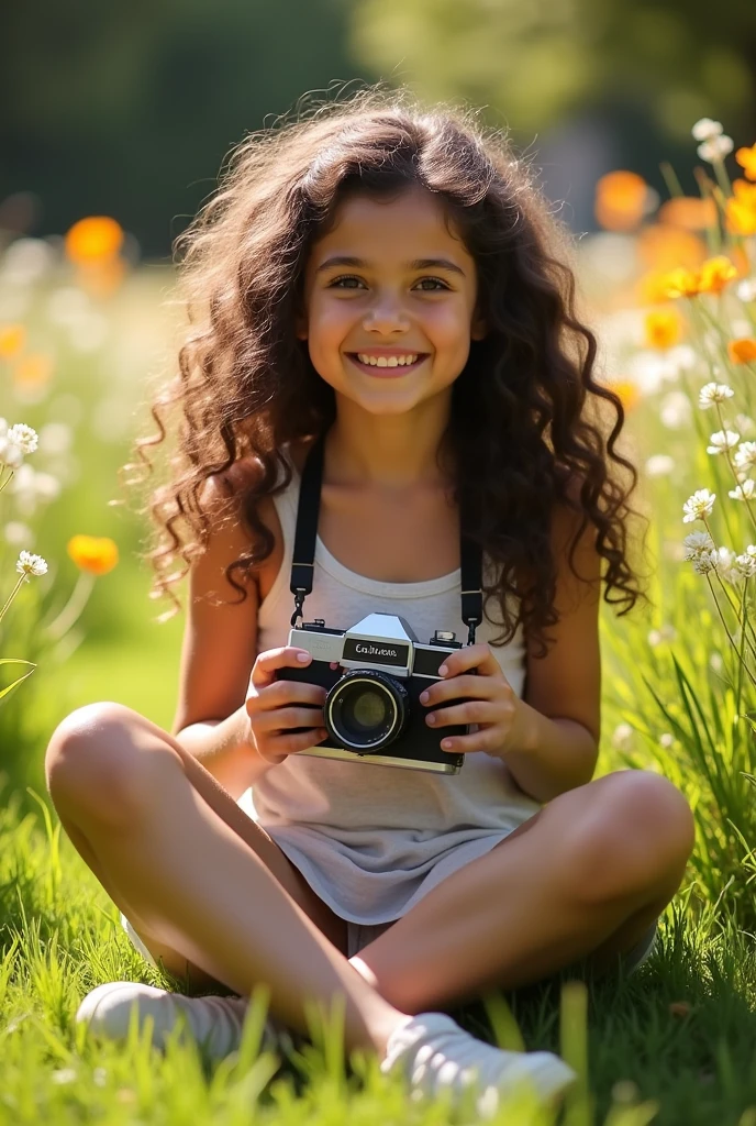 A brunette girl with curly hair and big breasts sits with her legs stretched out, taking a realistic photo