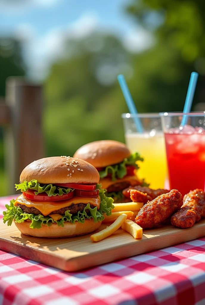 Burgers and plain burgers, four chicken wings, fries and two drinks